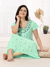 1135-Women's Cotton Printed Nighty – Pink, Full Length, Short Sleeves